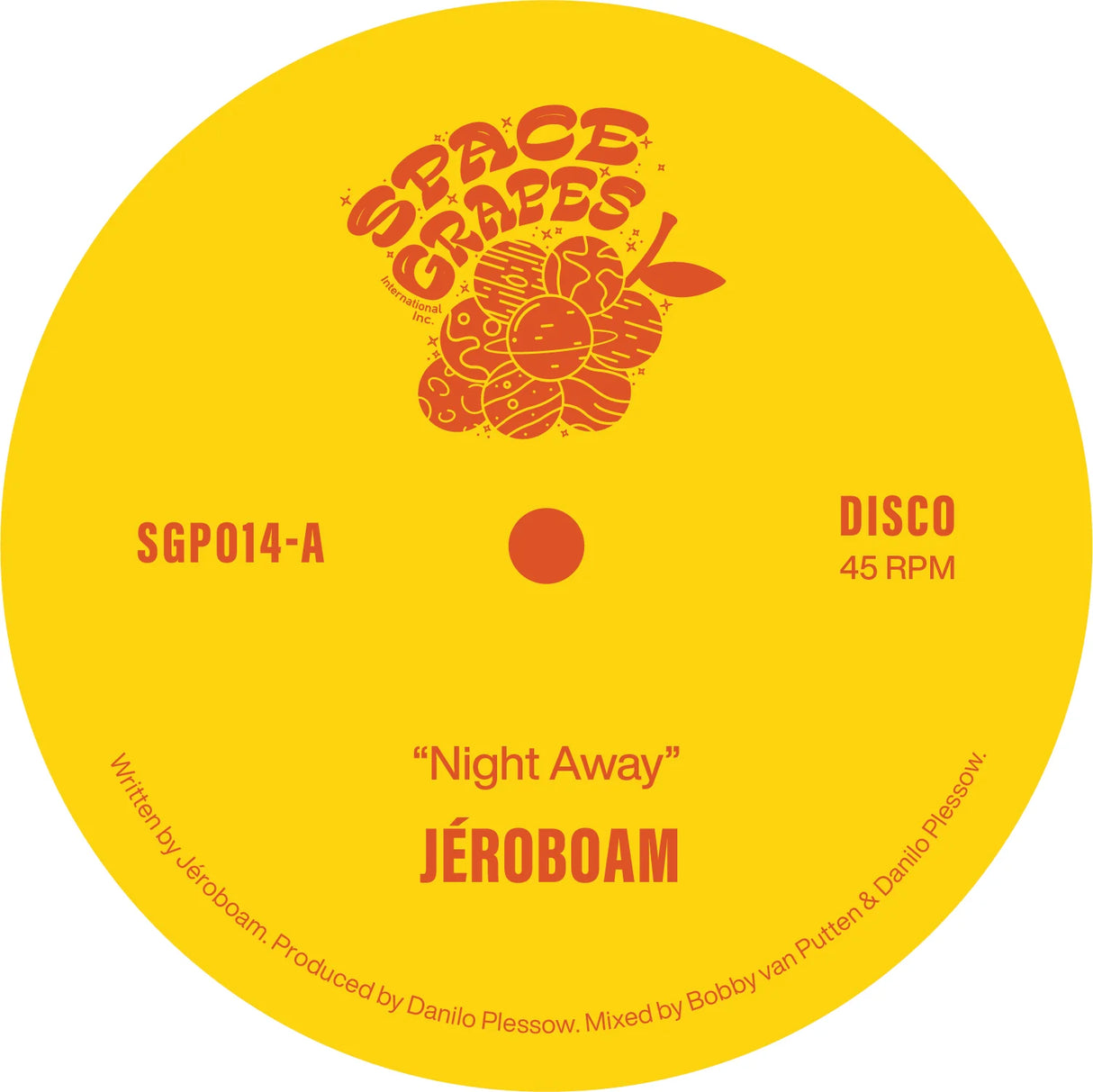 Yellow vinyl record label with red text and graphics for Jéroboam's 'Night Away'.