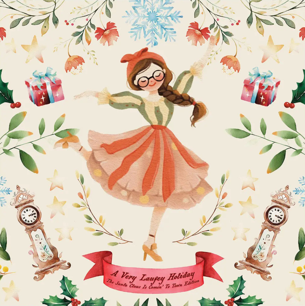 Illustration of a girl in a festive outfit with Christmas elements on a patterned background.