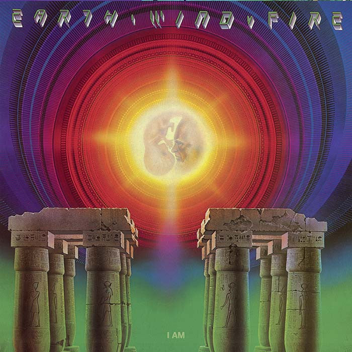 Album cover with colorful design and columns, featuring the text 'Earth, Wind & Fire'.