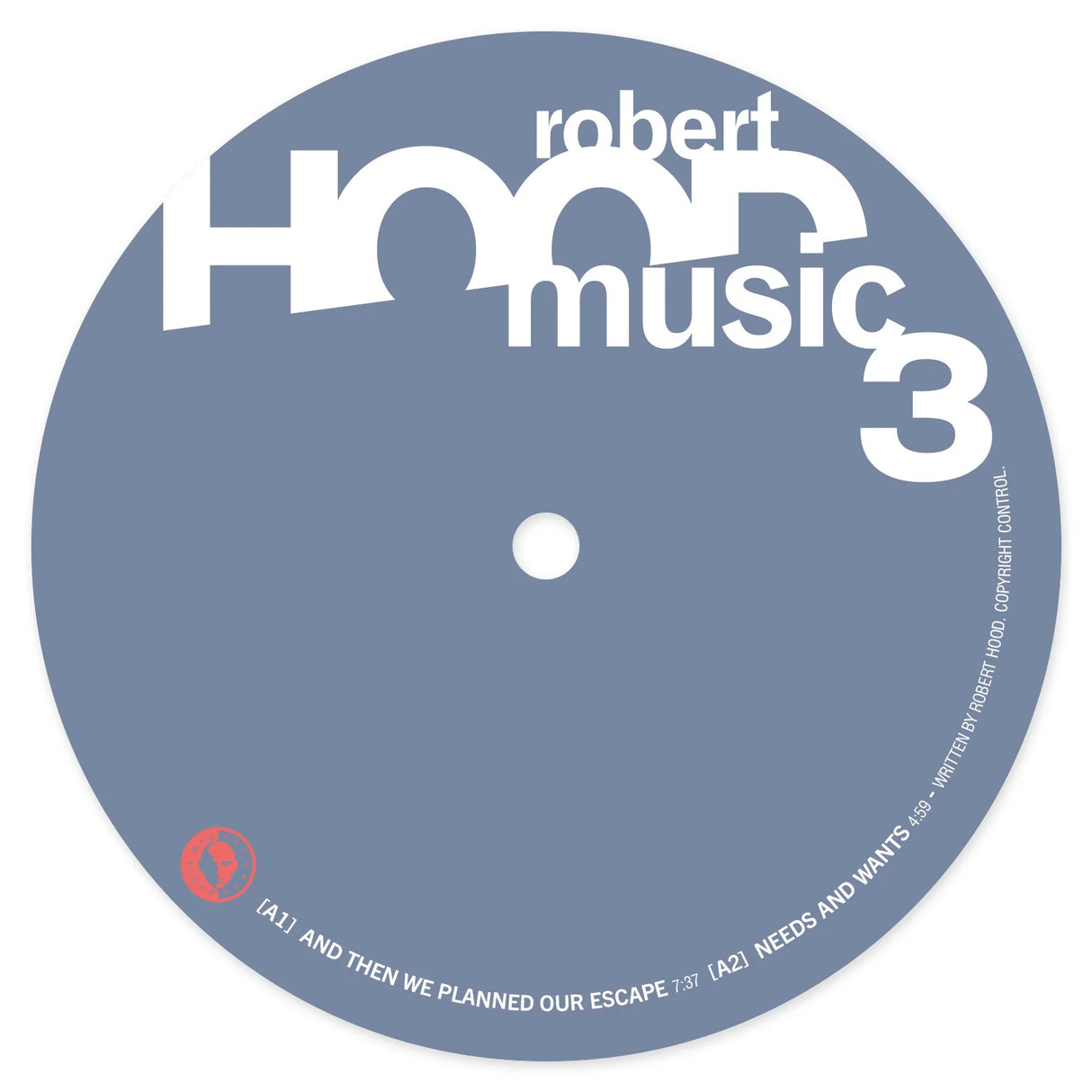 A circular blue-gray label or cover art with large white text reading 'robert music 3' and smaller white text around the edge, shown on a plain white background.