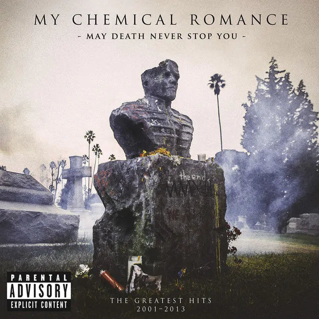 Album cover for 'My Chemical Romance' featuring a statue in a cemetery with 'Parental Advisory' label.