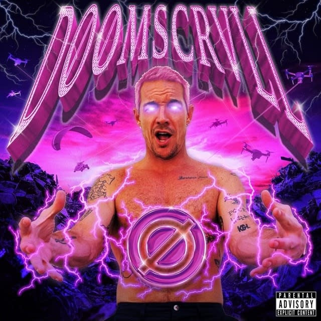 Album cover with a person in the center, surrounded by neon lights and text, with a 'Parental Advisory' label.