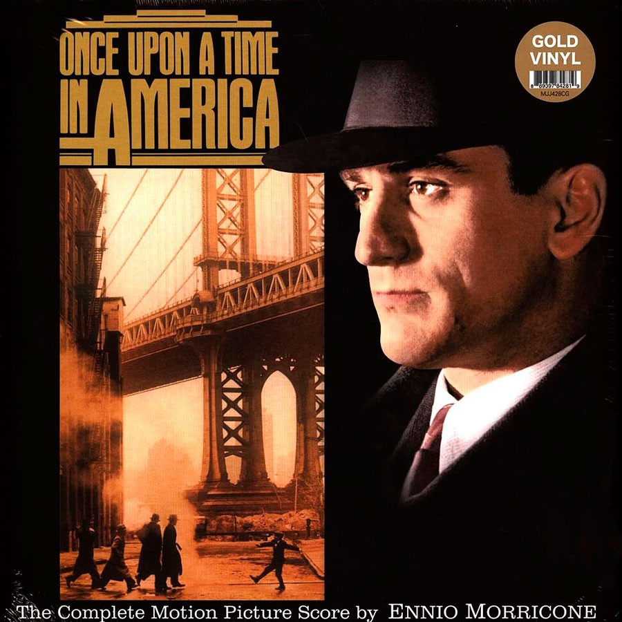 Vinyl record cover for 'Once Upon a Time in America' with a man in a suit and hat, a bridge, and people walking.