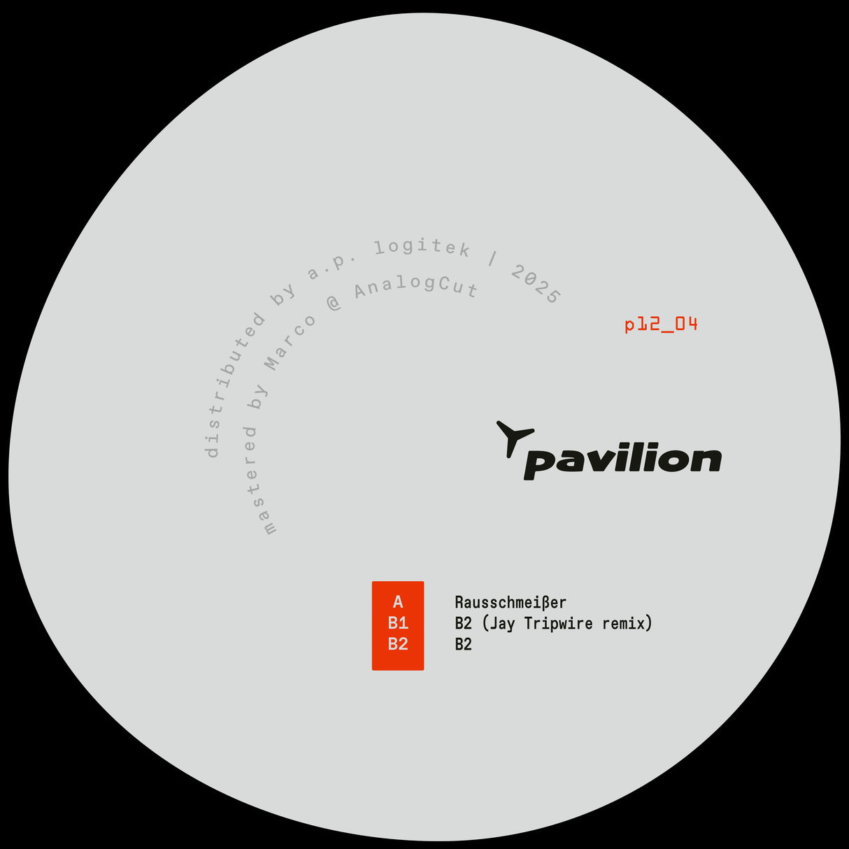 Vinyl record label with 'Pavilion' branding and track information on a white background