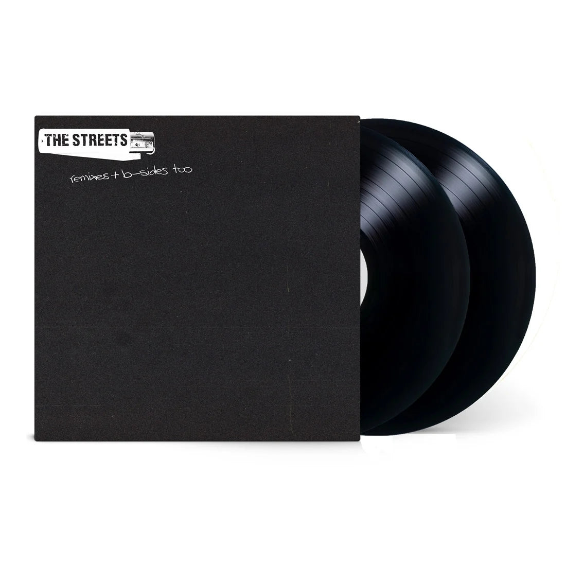 Black vinyl records with a matching sleeve on a white background