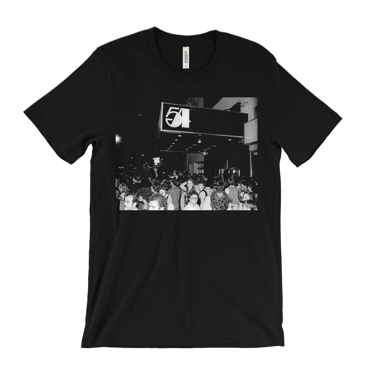 A black short-sleeve crewneck t-shirt featuring a black and white graphic print of a crowd in front of a building with a '50' sign, displayed on a solid white background.