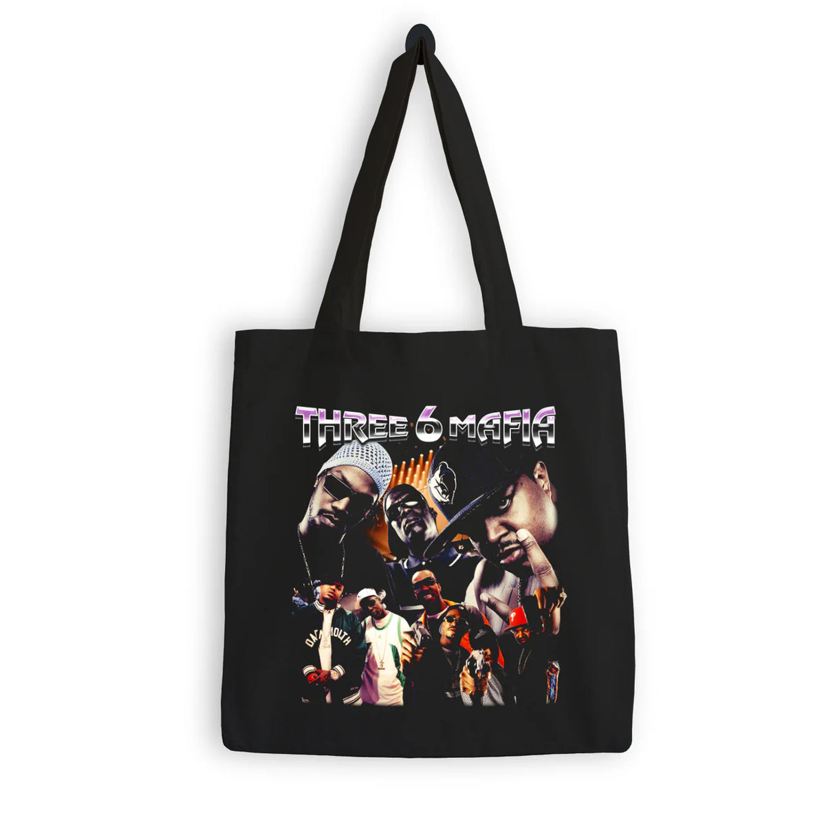Black tote bag with 'Three 6 Mafia' graphic design on a white background