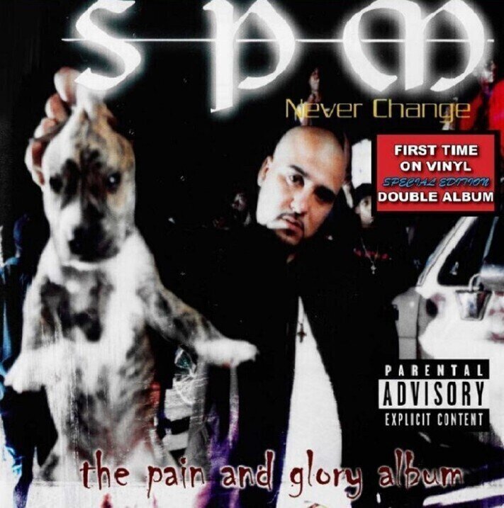 Album cover for S.P.A.M. 'Never Change' with a person holding a dog and text about the album.