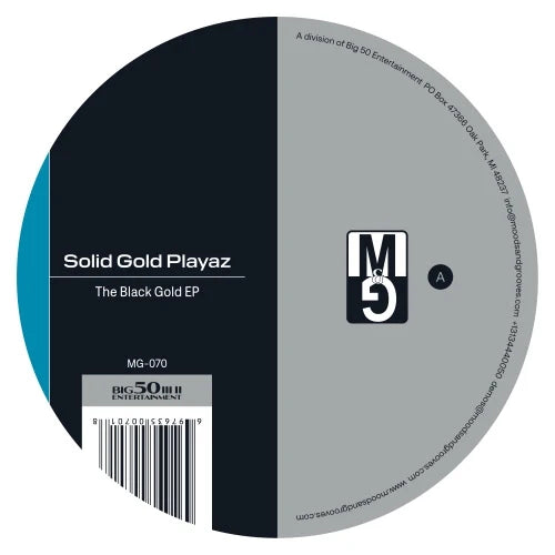 Vinyl record label with text and branding on a white background