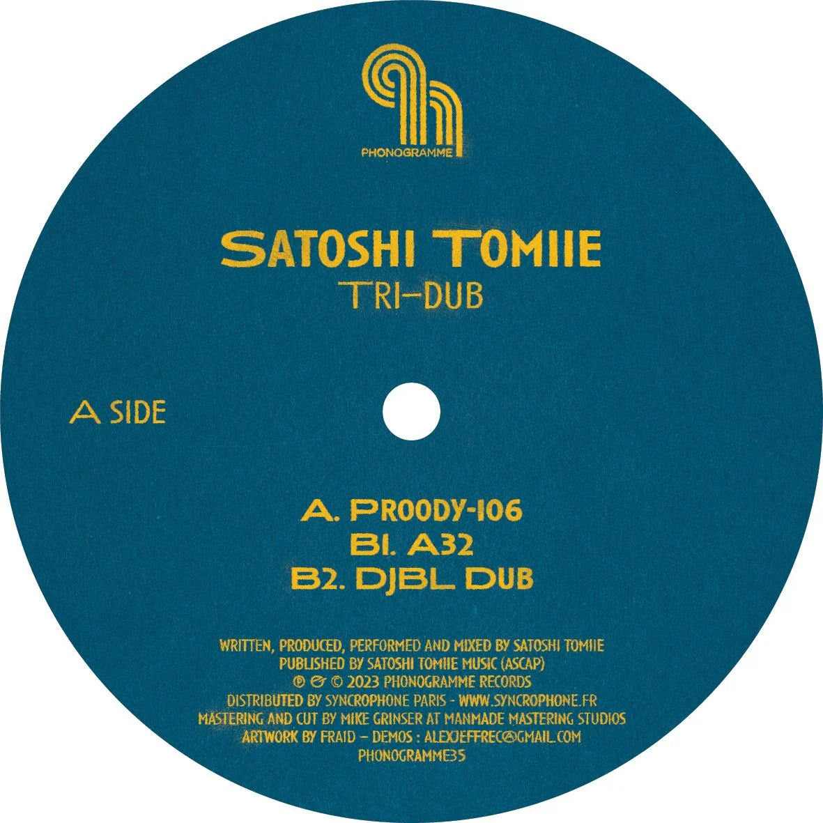 Vinyl record label with yellow text on a blue background