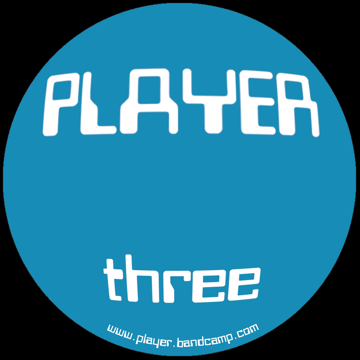 Circular blue logo with 'PLAYER three' text and Bandcamp URL on a black background