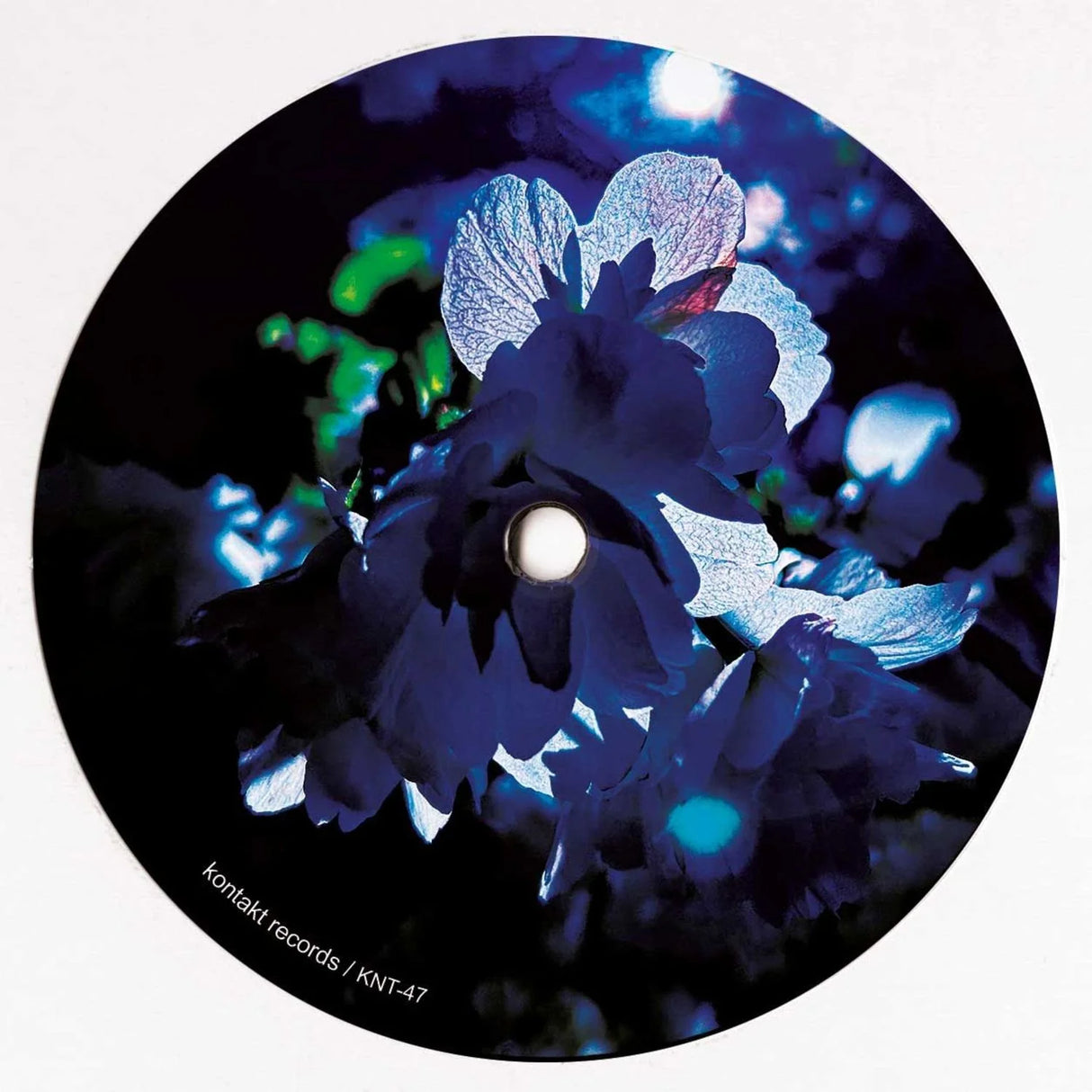 Vinyl record with floral design and 'Kontakt records' branding on a white background
