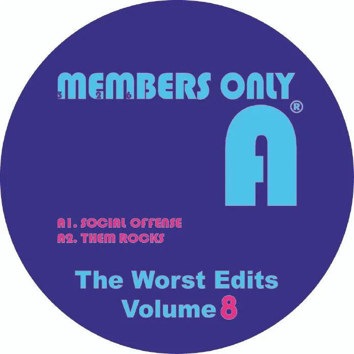 Disc label for 'Members Only' album 'The Worst Edits Volume 8' with tracklist on a blue background