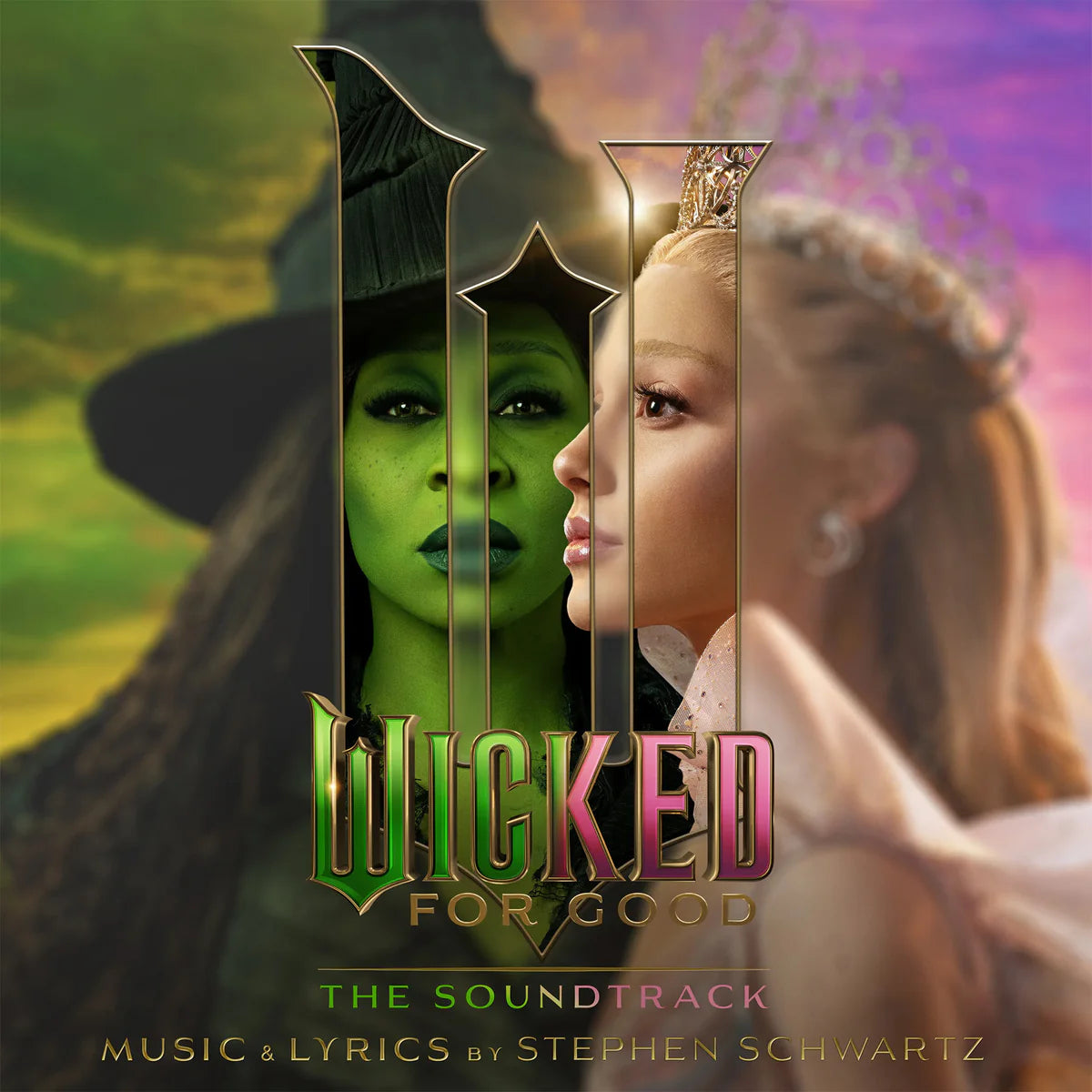 Promotional poster for 'Wicked' with two characters facing each other, set against a colorful background.