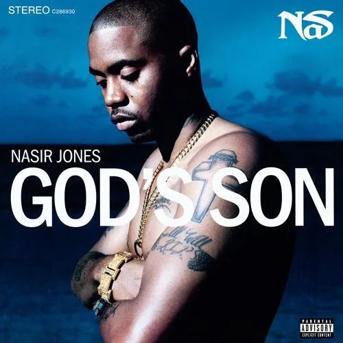 Album cover featuring a person with tattoos and jewelry against a blue background, with 'God's Son' text and 'Nas' branding.