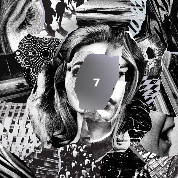 Album cover art featuring a black and white collage of various elements, including a person's eye, patterns, and the number 7.