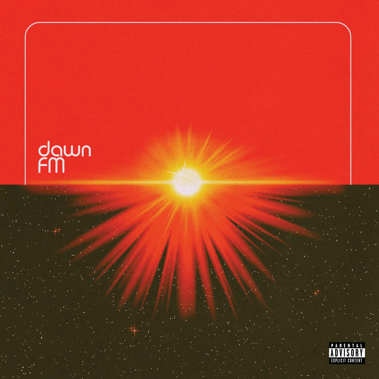 The image displays the album cover for "Dawn FM" by The Weeknd. The cover features a vibrant, sunset-like background with a beam of light stretching across the center, featuring the artist's name in a bold, white font.