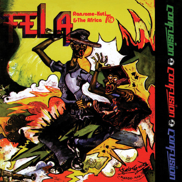 Album cover of Fela Kuti's 'Confusion LP' featuring a colorful and dynamic illustration of Fela on organ and Tony Allen on drums, with a backdrop of a cityscape.