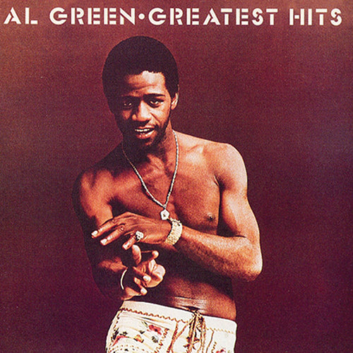 Album cover of Al Green - Greatest Hits featuring a photo of Al Green with a necklace and ring, against a red background.