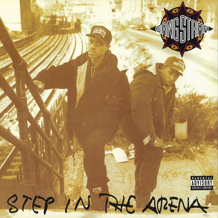 The product image shows the cover of Gang Starr's album 'Step In The Arena'. Two individuals, presumably members of the group, are walking on a street with a, 'GANG STARRF' logo and the album title 'STEP IN THE ARENA' prominently displayed.