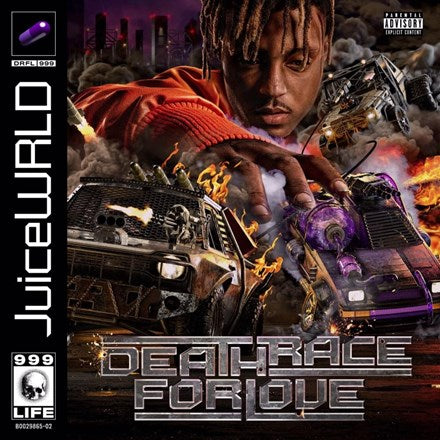 Album cover for Juice WRLD's Death Race for Love featuring an image with fire and a car, indicative of the album's aggressive and intense theme.