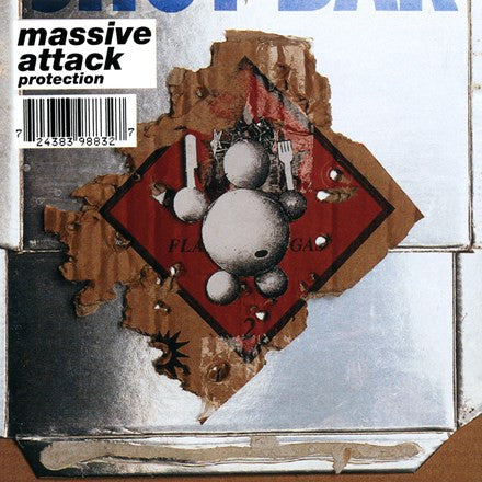 Album cover art for Massive Attack - Protection LP featuring a stylized graphic design with red and white elements on a damaged backdrop.