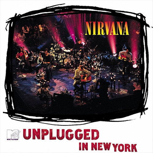 Cover art for Nirvana's album 'Unplugged In New York' featuring a live performance with Kurt Cobain on stage with a band.