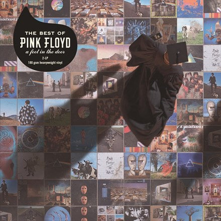 A promotional image featuring a shadow of a person holding a vinyl record, with a background of various album covers representing The Best of Pink Floyd: A Foot In The Door collection.