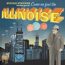 Album cover for Sufjan Stevens - Illinoise featuring an illustration of a man in a suit and hat with a cityscape background, including a skyline and a balloon.