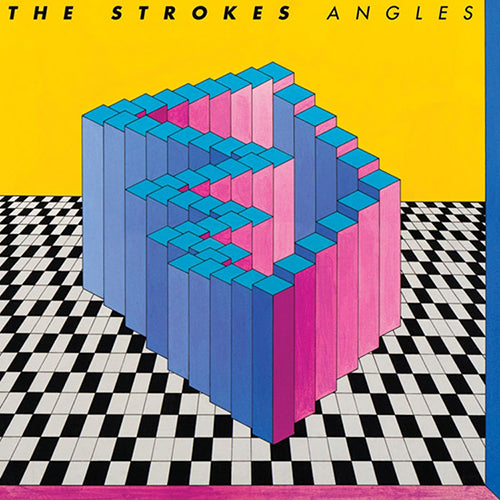 This image features the album cover for "The Strokes - Angles LP." The cover displays a vibrant and intricate design, showcasing a large, multicolored geometric pattern that seems to be a key part of the album's artistic vision.