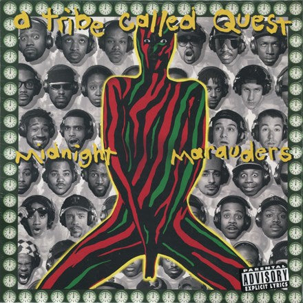 This image features the album cover for "A Tribe Called Quest - Midnight Marauders LP." The design is striking with a bold, graphic illustration of a figure in red and green against a backdrop filled with black and white portraits of various individuals.