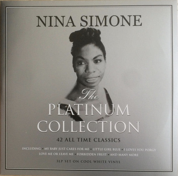 A black and white image of Nina Simone with text overlay 'NINA SIMONE The Platinum Collection 42 all time classics'.