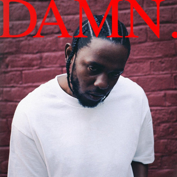 CD cover featuring Kendrick Lamar with the word 'DAMN.' in large red letters in the background.