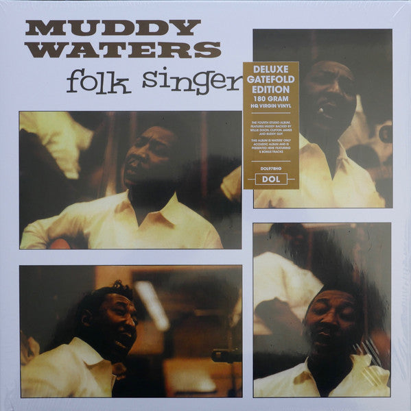 Album cover of 'Muddy Waters - Folk Singer' featuring photographs of Muddy Waters performing and a deluxe gatefold edition notice.