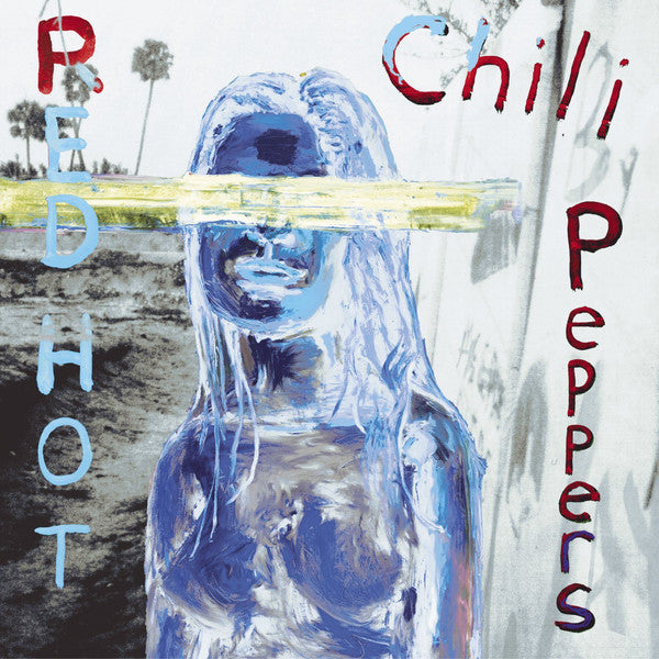 Album cover art for Red Hot Chili Peppers’ 'By The Way'. The image features a stylized, translucent depiction of a person against a backdrop with palm trees and a clear sky.