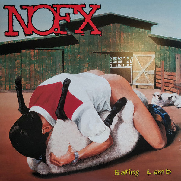 Album cover featuring a person lying down with a lamb on their chest, in front of a barn-like background. The album title 'Eating Lamb' and the band name 'NOFX' are visible.
