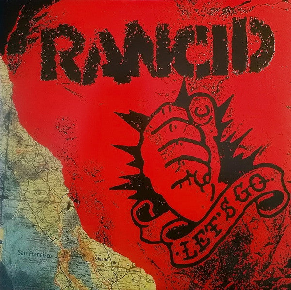 Album cover for Rancid's 'Let's Go LP' featuring a red background with a black graphic of a fist and text, on a map-like texture.