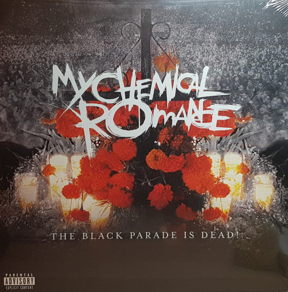 Album cover of My Chemical Romance - The Black Parade Is Dead with band logo and album title, featuring a dark background and red flowers.