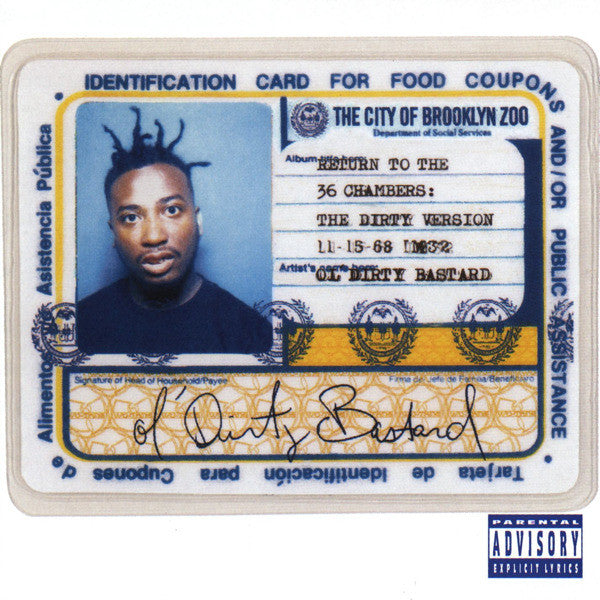 CD cover featuring a photograph of a man with a prominent afro hairstyle, identified as Ol' Dirty Bastard, with text indicating the album is a return to the 36 chambers, and the dirty version.
