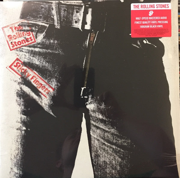The Rolling Stones - Sticky Fingers LP cover featuring a black and white image of a male torso with the band's logo and text.