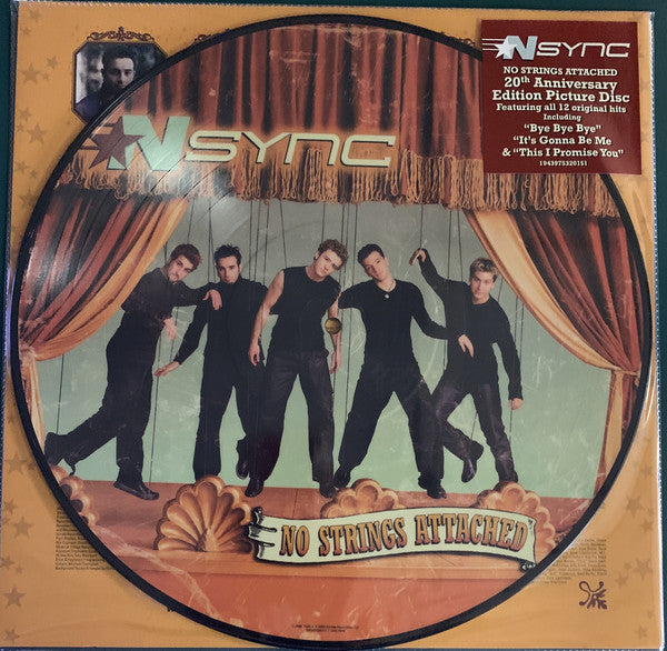A picture disc vinyl record of NSYNC's album 'No Strings Attached' with an image of the band on the front cover.