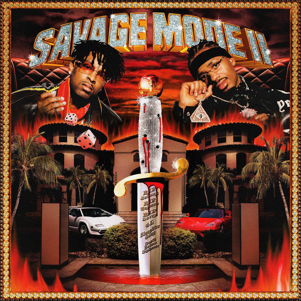Album cover for 21 Savage & Metro Boomin - Savage Mode II CD featuring an artistic representation of the artists, a sword, and a luxurious background.