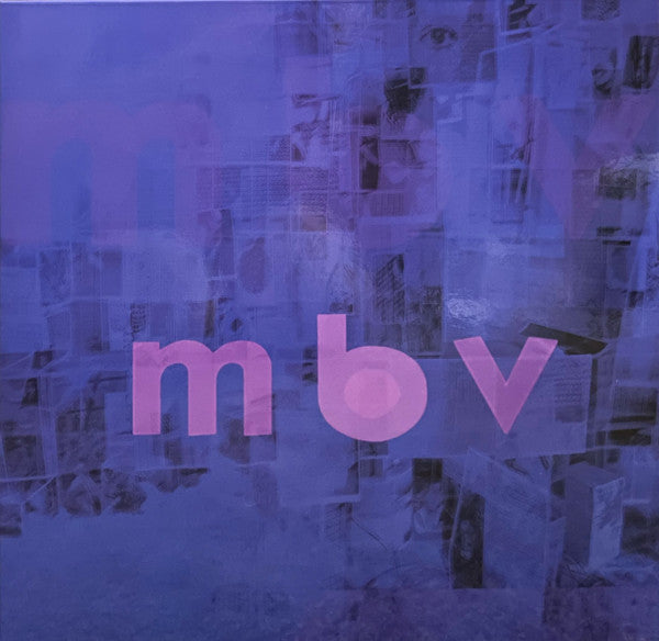Album cover for My Bloody Valentine's 'm b v LP' featuring a purple and blue textured background with the band's name in pink.