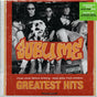 CD cover art for Sublime's Greatest Hits album featuring a black and white photo of the band members and a dog with a red background. The album title is prominently displayed in a yellow, distressed font at the bottom.