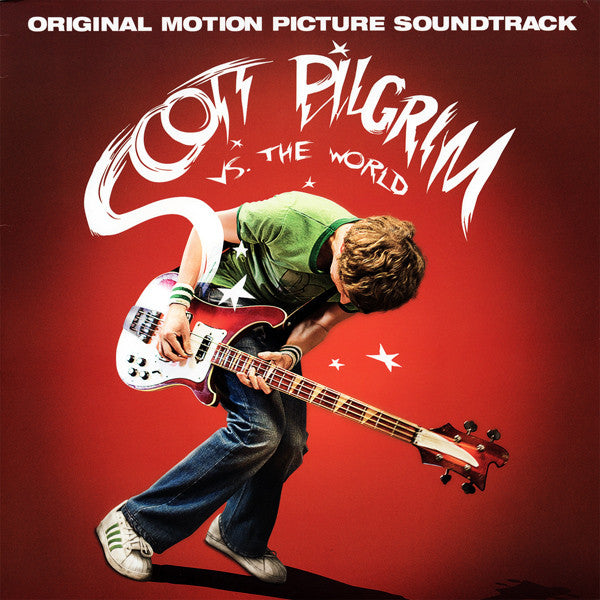 Cover artwork for Scott Pilgrim vs. The World original motion picture soundtrack featuring a graphic of a person playing a guitar on a red background with the title text.