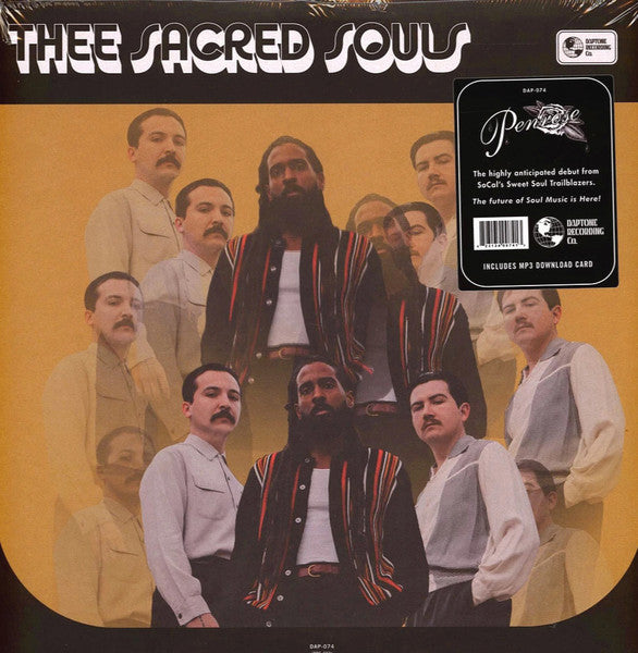 A vinyl record cover featuring a collage of photos of band members in various poses and attire, with a yellow background. The text on the cover includes the band name and track names.