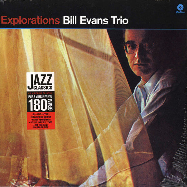 Bill Evans - Explorations album cover, featuring a black and white photo of Bill Evans with a reflective surface in the background.