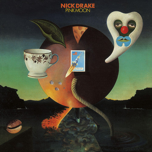 Album cover art for Nick Drake - Pink Moon featuring a collage of images including a pink moon, a cup of tea, a card, and a mask against a dark background.