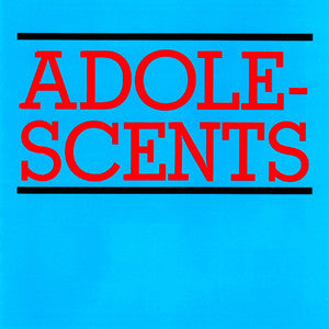 Album cover with 'ADOLESCENTS' written in red capital letters on a blue background.