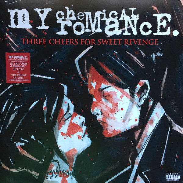Album cover of My Chemical Romance’s 'Three Cheers for Sweet Revenge' featuring a dark, dramatic illustration with red accents.